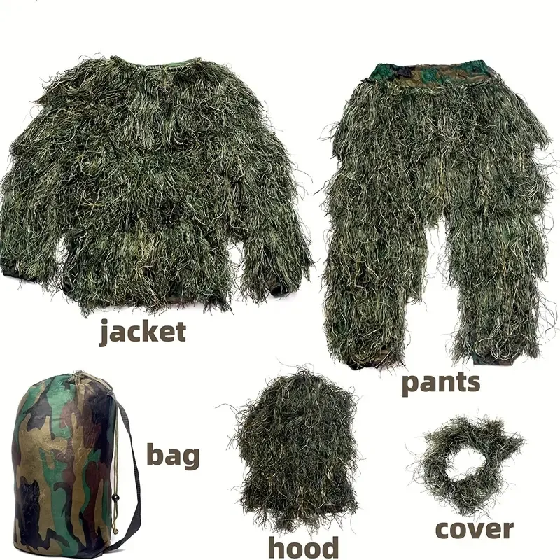 Equipo completo de caza de camuflaje para hombre: chaqueta, pantalones y bolso con capucha de poliéster transpirable, perfecto para cazar, juegos de CS y actividades al aire libre