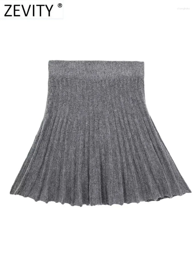 スカートZevity 2024女性ファッションエレガントな灰色の編みプリーツミニスカートファルダスミュージャー女性シックな弾性スリムベスティドスQUN5717