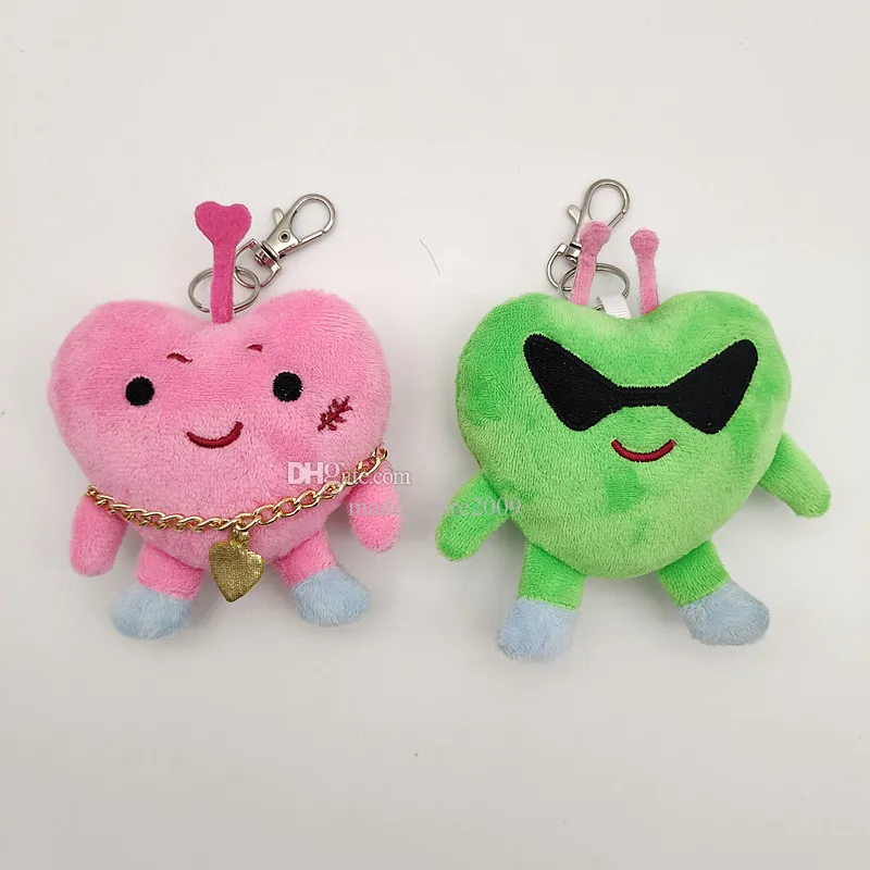 Porte-clés pendentif en peluche en forme de cœur, peluche douce, rose, vert, sangle de poupée, breloque de sac pour filles