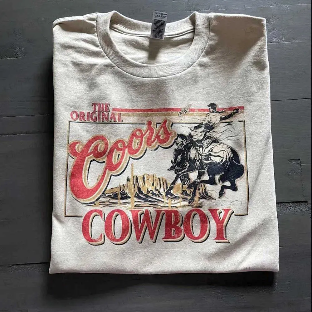 Kadın T-Shirt Orijinal kovboy grafik tişört vintage tarzı gömlekler khaki kısa kol gevşek batı yaz üstleri unisex casual t gömlek hipster t240129