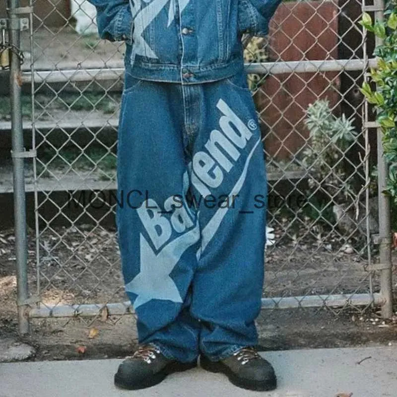 Męskie dżinsy 2023 NOWOŚĆ Dżinsy Y2K Street American Hip Hop Badfriend List do druku Retro Blue Lose proste dżinsy Harajuku punk Gothic Jeans24129