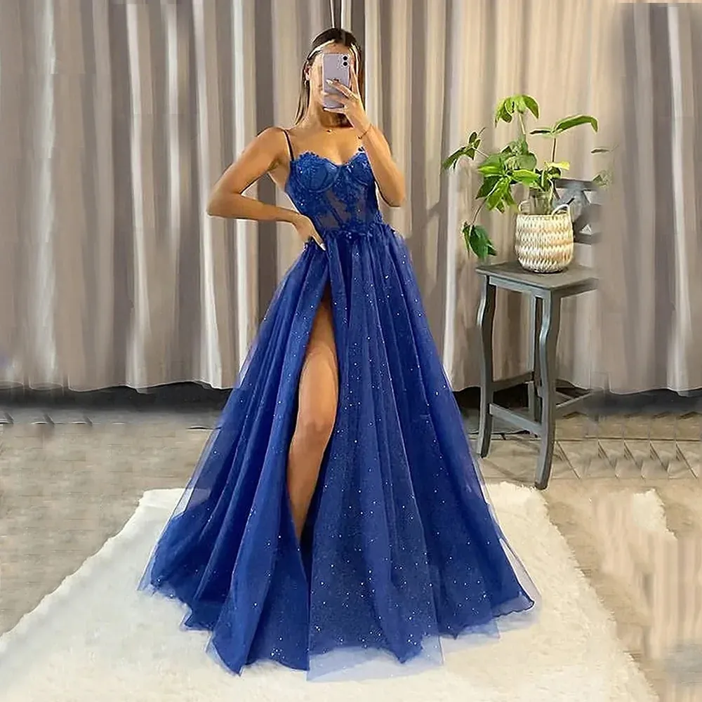 2024 Blue Pastrol Sequins Prom Prom Party Robe Stracts Lace Applique Side Split A-Line Evening Formal Gowns Vestidos de Ocasion Formalises Robe de Soiree