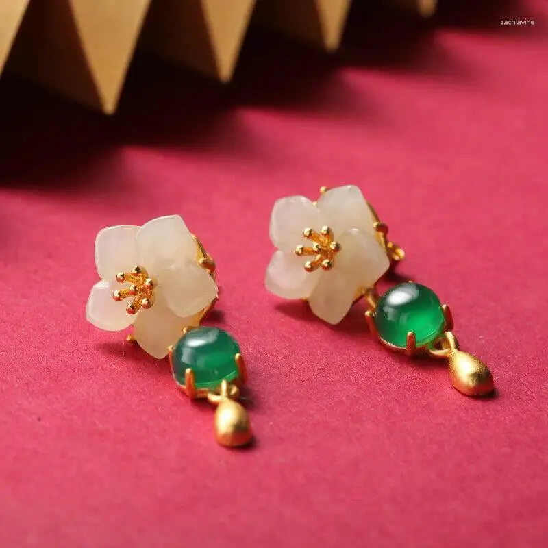 Dangle Earrings Women's Natural Hetian White Jade Chinese Retro Light Charm Brand