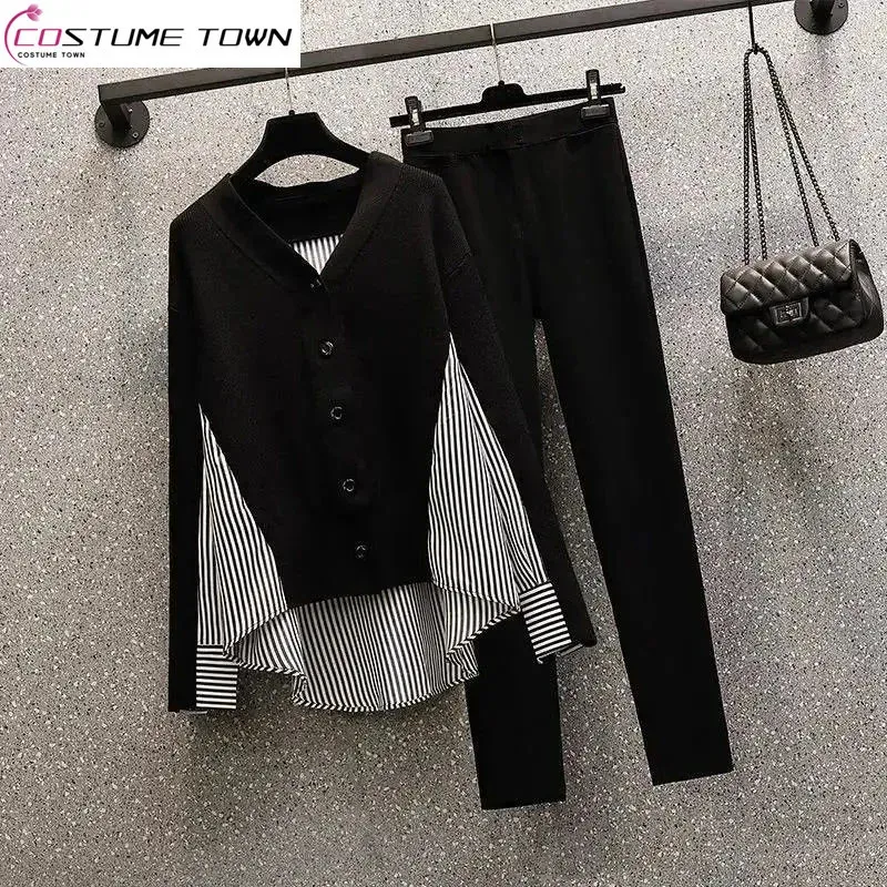 M5XLplus Größe Streifen Patch Lose Chiffon Hemd Casual Bleistift Hosen Zwei Stück Elegante frauen Hosen Set Büro Outfits Trainingsanzug 240118