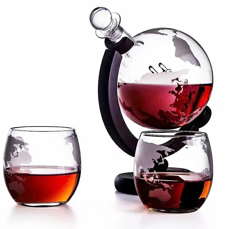 Conjunto de vidro de uísque globo de cristal garrafa de licor para uísque vodka veleiro em decanter com suporte de madeira acabado barra ferramentas copo 240119