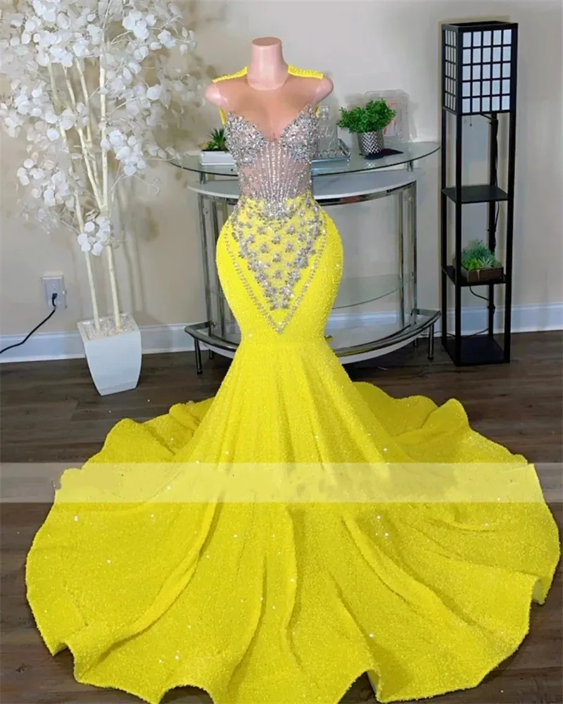Yellow Sequins Long Prom 2024 For Black Girls Beading Crystal Rhinestones Birthday Party Dress Evening Gown Vestidos