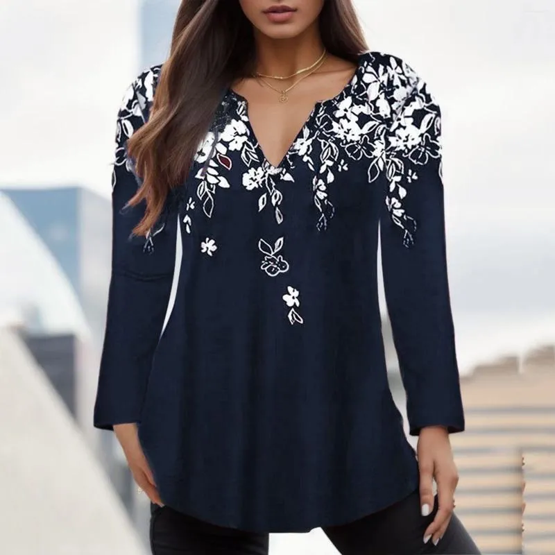 Women's Blouses Vintage Print V Neck T Shirt Tops Women Plus Size Long Sleeve Loose Casual Tunic Shirts Autumn Streetwear Pullover Blusa