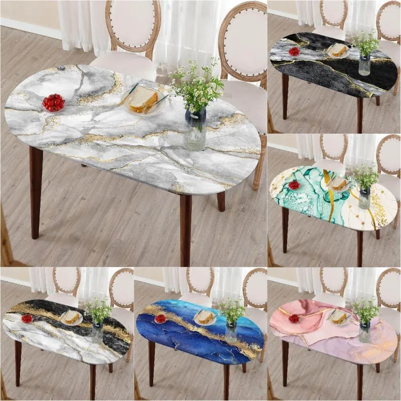 Table Cloth White Marble Fitted Oval Tablecloth Elastic Edge Classical Waterproof Cover For Dining Picnic Outdoor Camping Party Decor