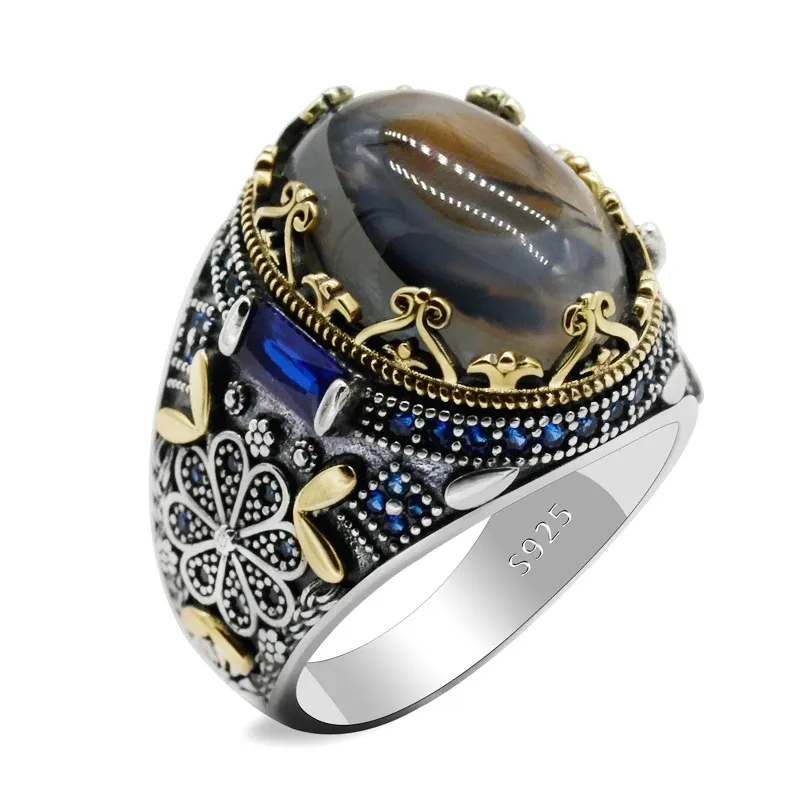 Pierścienie Sterling Sier Men's Pierścień Turecki klasyczny retro inkrustowany naturalny agat duży kamienny biżuteria męska hurtowa i sprzedaż detaliczna