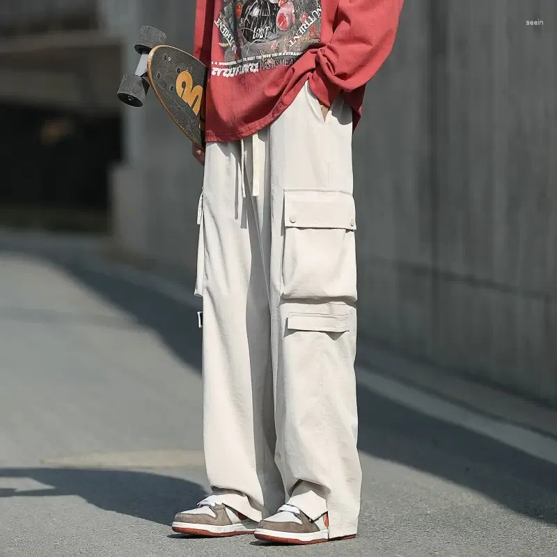 Pantalon pour hommes printemps automne lâche décontracté couleur unie poches pantalon droit mâle Harajuku Y2K tout-match taille élastique Vintage Cargo
