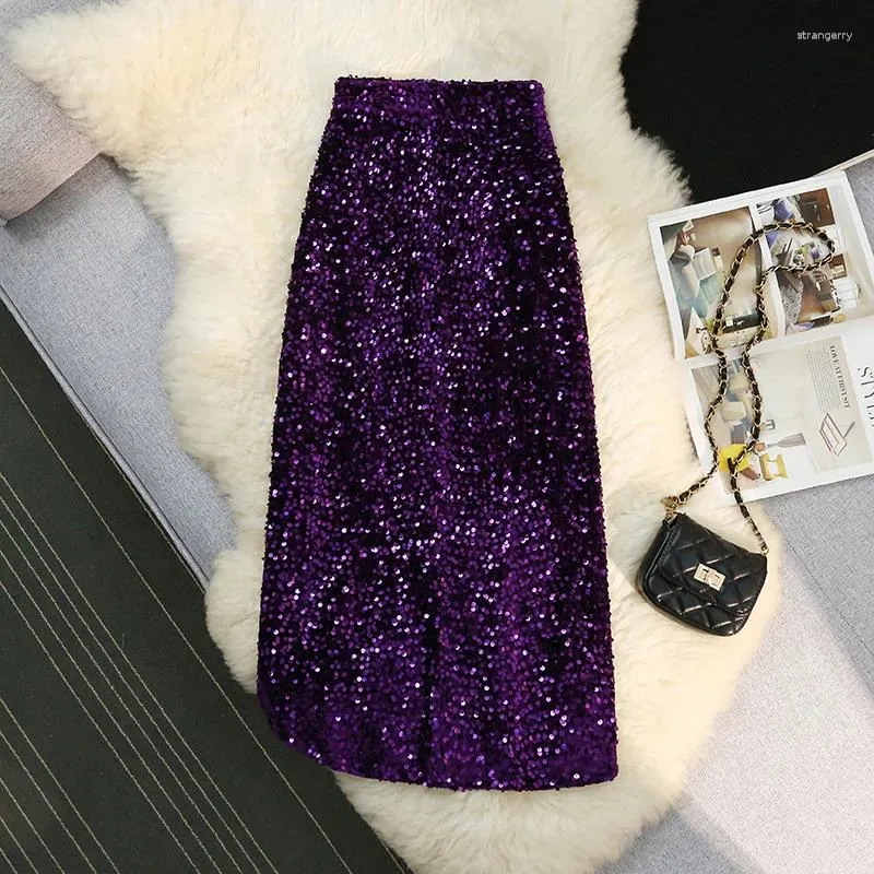 Skirts Luxury Fashion Autumn Spring Purple Velvet Sequin Skirt 2024 Women High Waist Glitter Bodycon Split Party Midi