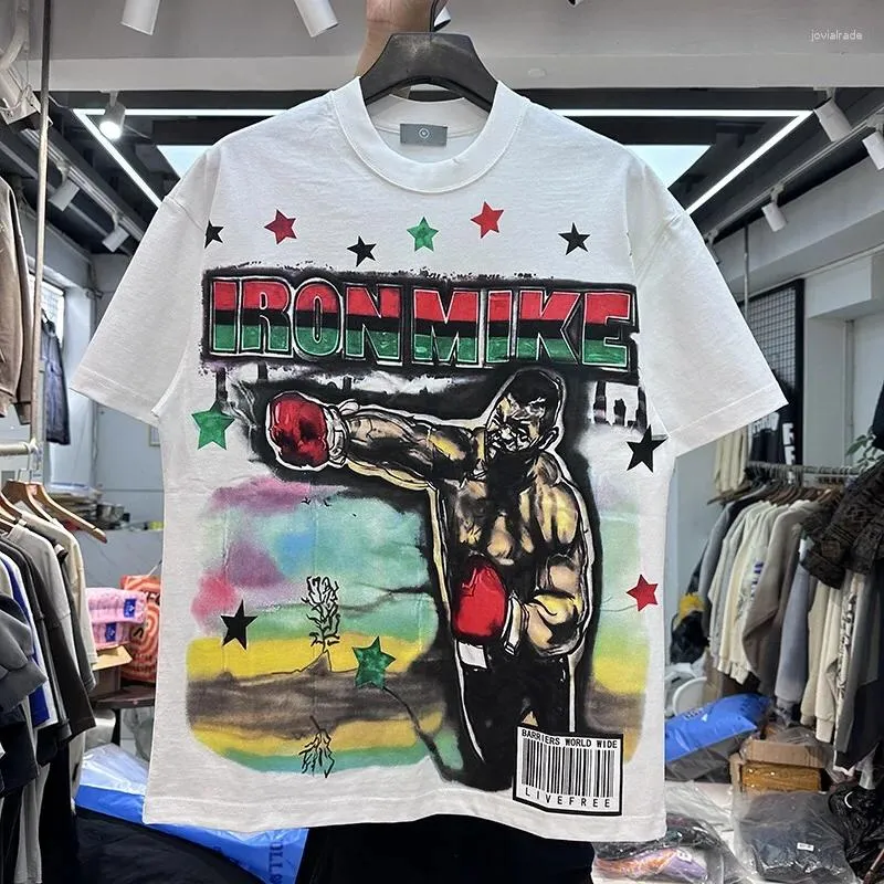 T-shirt d'été pour hommes, classique, boxe, imprimé coloré, lavé, vieux américain, Hip Hop Rock, pur coton, haut de haute qualité