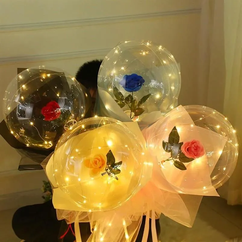 Palloncino luminoso a LED Bouquet di rose Trasparente Bobo Ball Rose Regalo di San Valentino Compleanno Decorazione della festa nuziale Palloncini248E