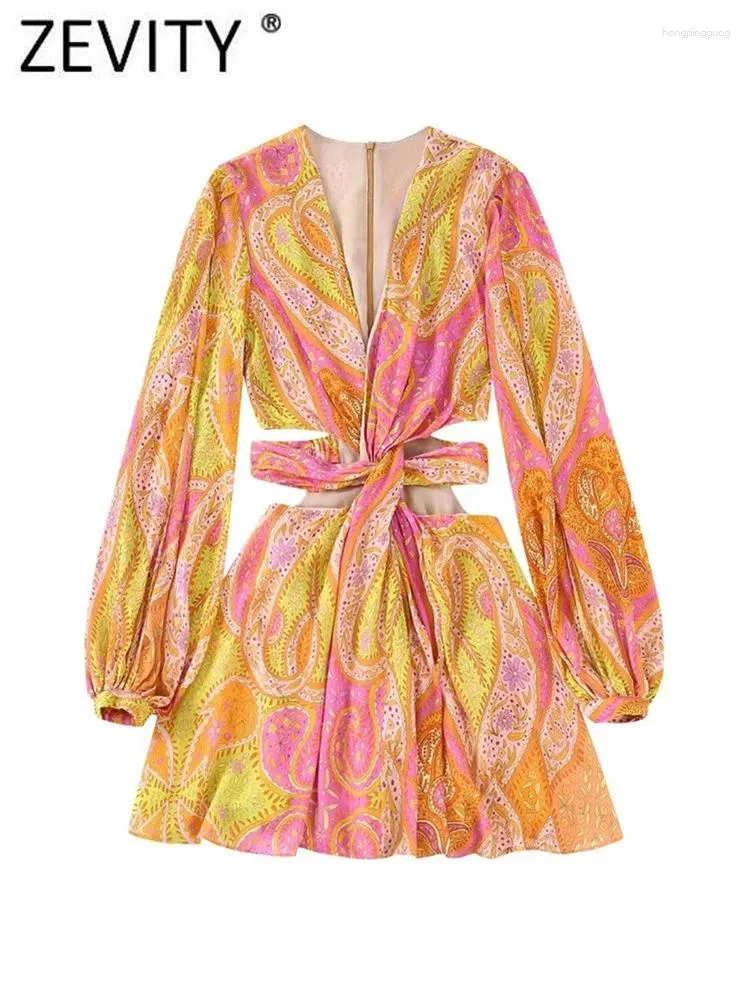 Casual Jurken Zevity Vrouwen Vintage V-hals Cashewnoten Bloemenprint Chiffon Mini Jurk Vrouwelijke Chic Lange Mouw Twist Hollow Out vestidos