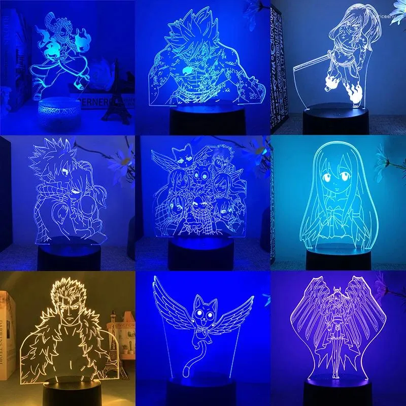 Luzes noturnas Fairy Tail Natsu Gray Erz Anime Figura 3d Lâmpada LED para quarto Mange Avatar Decoração de quarto infantil Presente de aniversário para crianças