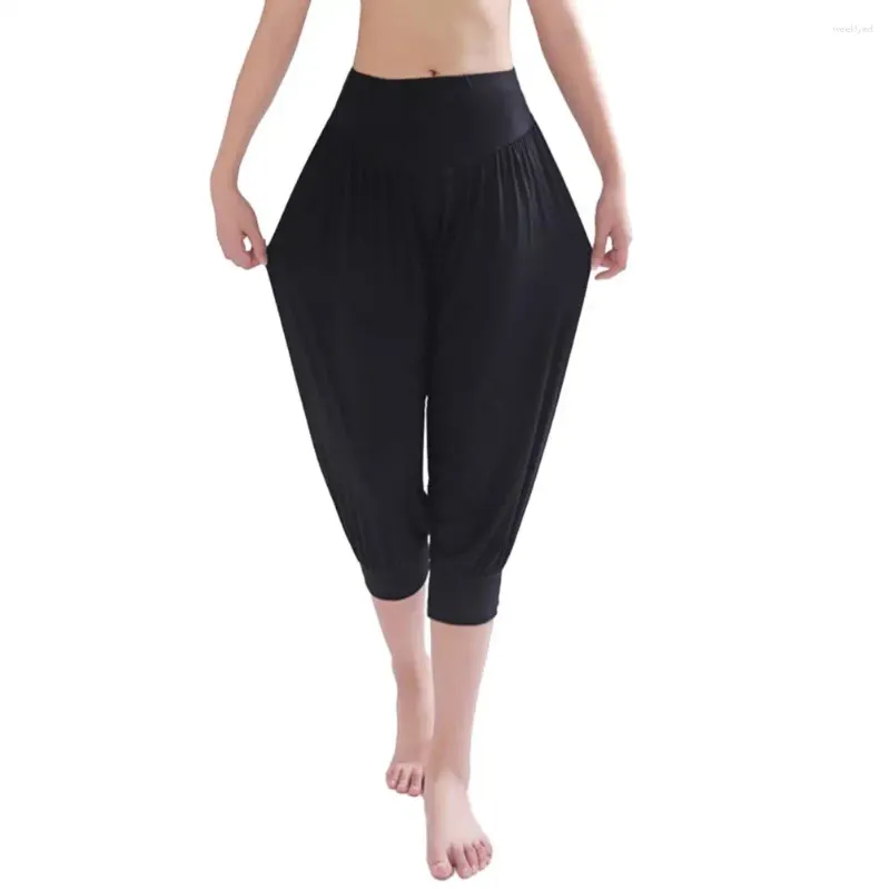 Calças femininas Mulheres Yoga Cropped com Cintura Elástica Larga para Desempenho de Dança Bloomers de Verão Cores Sólidas Macias