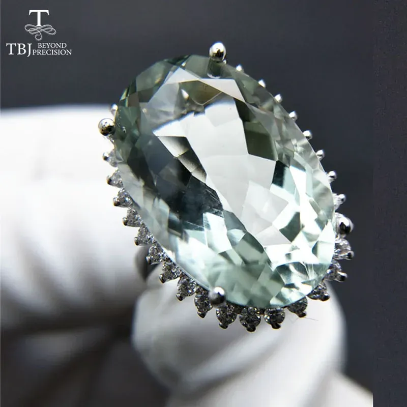 Anéis Tbj, grande verde ametista quartzo pedra preciosa festa "olhos capturando" anel em prata como presente agradável de casamento de aniversário com caixa de joias
