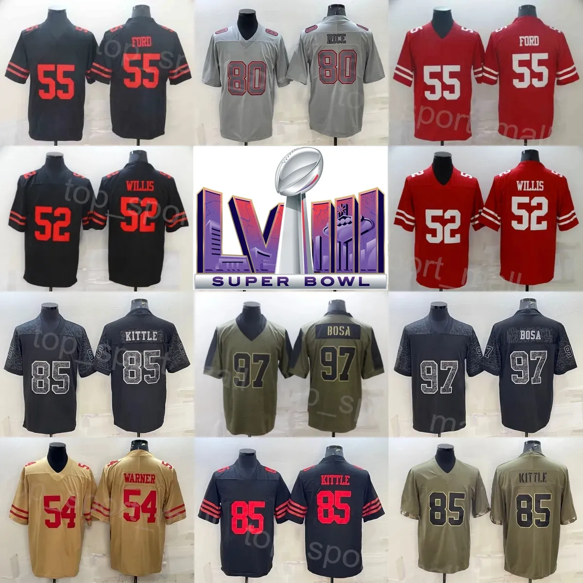 Men Football Super Bowls 54 Fred Warner Jerseys 52 Patrick Willis 55 Dee Ford 80 Jerry Rice 85 George Kittle 97 Nick Bosa Turn Back the Clock Olive Salute to Service Team