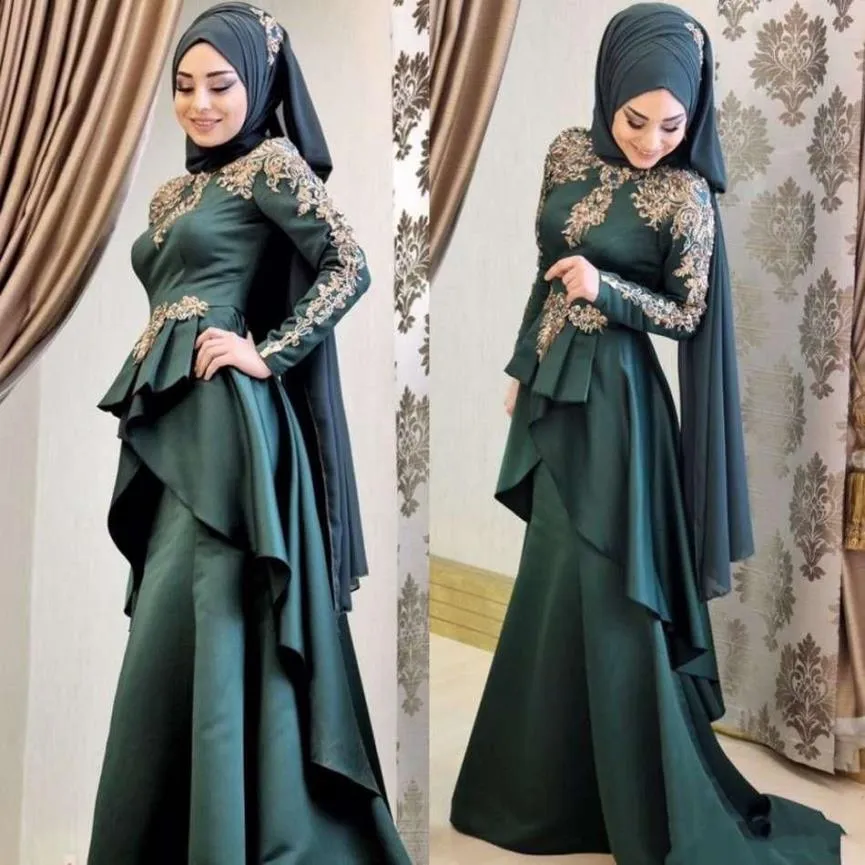 Modesto árabe muçulmano formal vestidos de noite sereia alta pescoço manga longa vestidos de festa de baile apliques renda dourada peplum islâmico sp207n