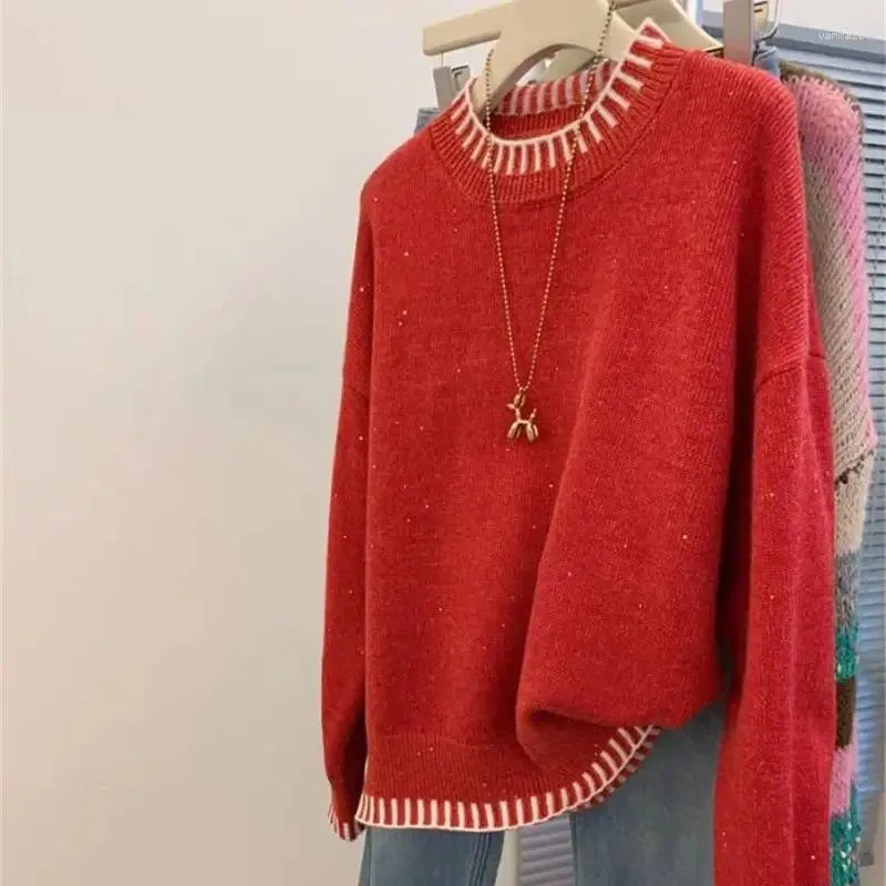 Swetry kobiet limiguyue wiosna szop szopaż w polarach SWEATER Wysokiej jakości cekinowy dzianinowy pullover czerwony dekolt miękki kaszmirowe dzianiny wełniane
