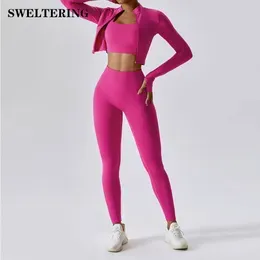 Yoga Outfit 3 Pieces Women Tracksuit Yoga Set Workout Sportswear Gym Clothing Fitness Long Sleeve Crop Top High Waist Leggings Sports Suits 231122