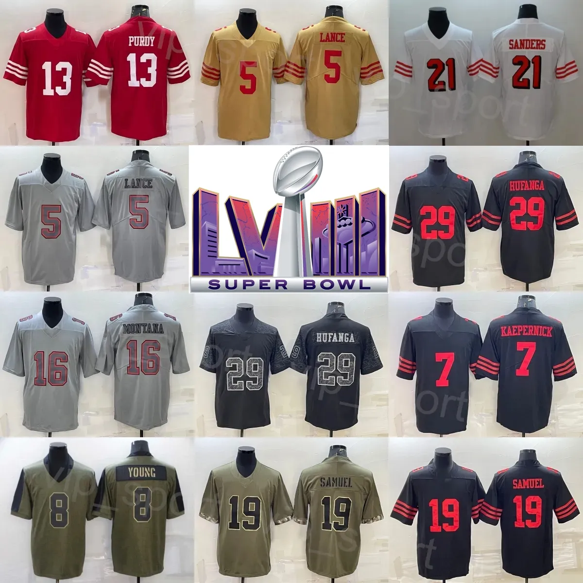 Mans Football Super Bowls 5 Trey Lance Jerseys 7 Colin Kaepernick 8 Steve Young 16 Joe Montana 21 Deion Sanders 13 Brock Purdy 19 Deebo Samuel Talanoa Hufanga cucita