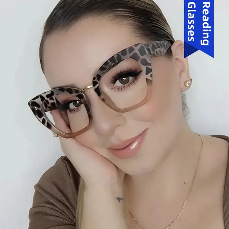 Occhiali da vista da donna con montatura oversize in acetato con stampa leopardata, occhiali da vista trasparenti correttivi miopi ipermetropia 1.0 1.5 anti luce blu 240124