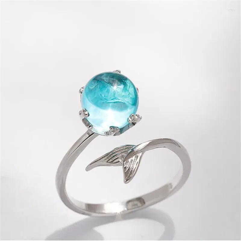 Anelli a grappolo con dito regolabile a forma di sirena in cristallo blu per accessori da donna e ragazza, gioielli di moda
