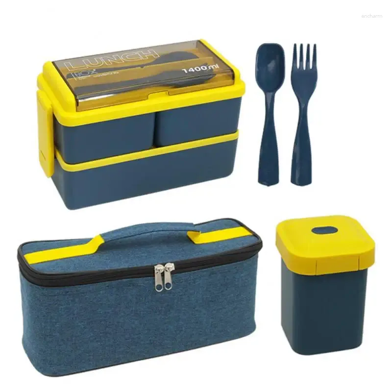 Dinnerware Set Grade Plastic Portable With Fork And Spoon Microwave Double Layer For Kids Storage Container 1400ml