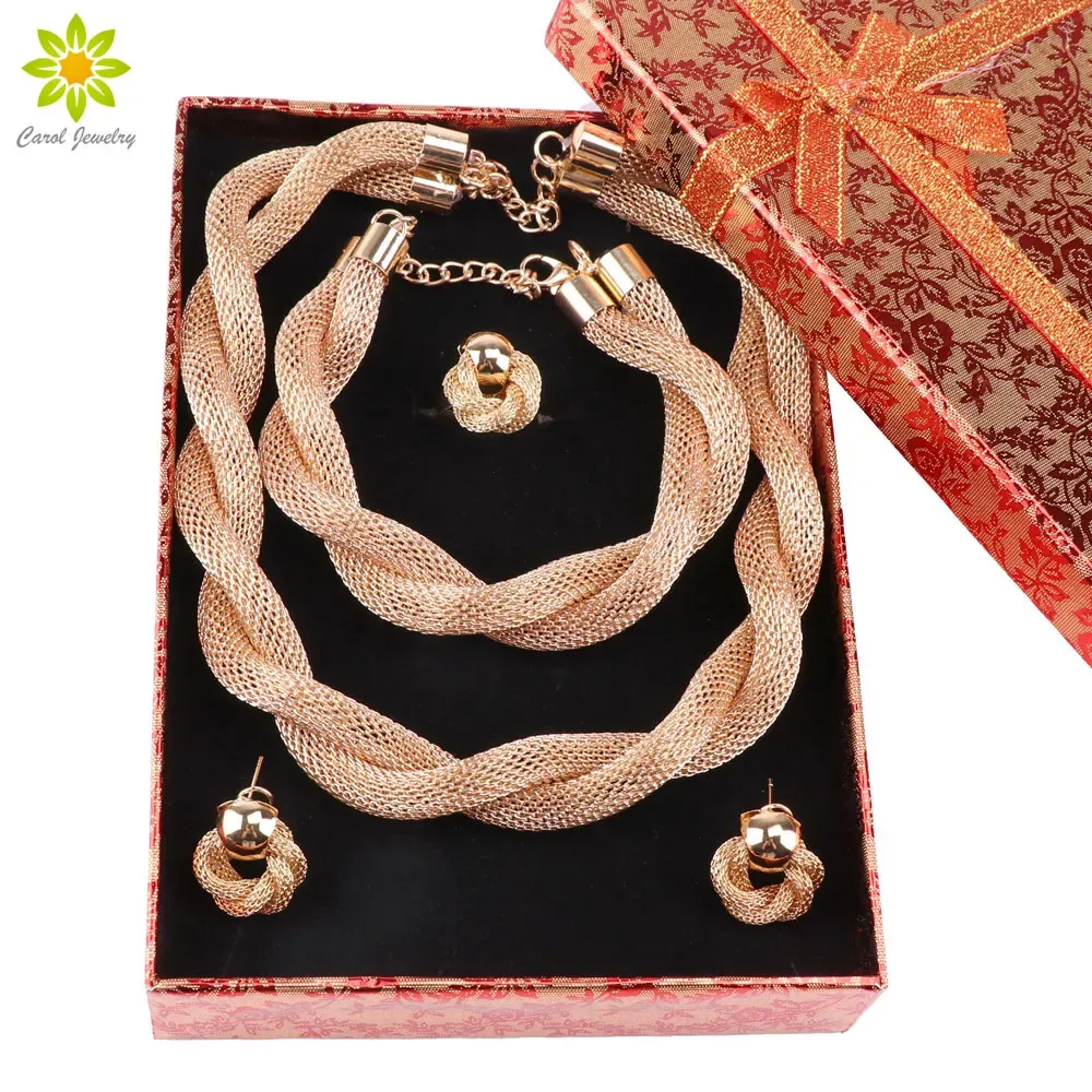 Strands Exaggerated Big Choker Necklace For Women African Beads Statement Chain Bracelet Earrings Ring Jewelry Sets +Gift Boxes