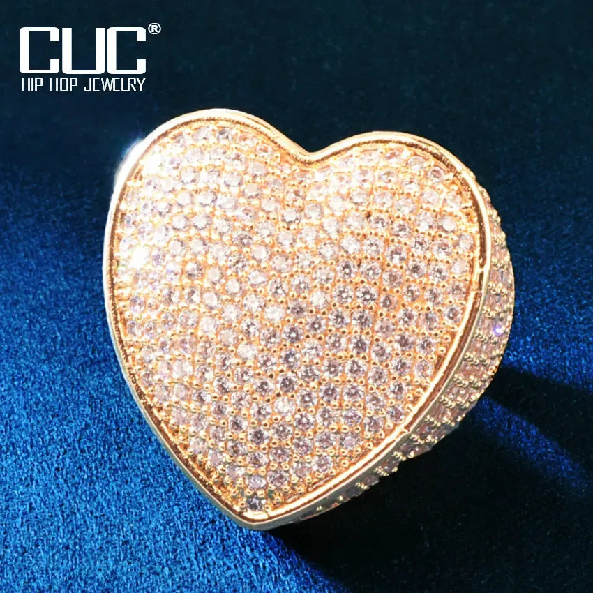 Rings Cuc Heart Love Shape Ring for Men Women Bling Zircon Copper Charm Gold Color Rings Fashion Hiphop Jewelry Gift