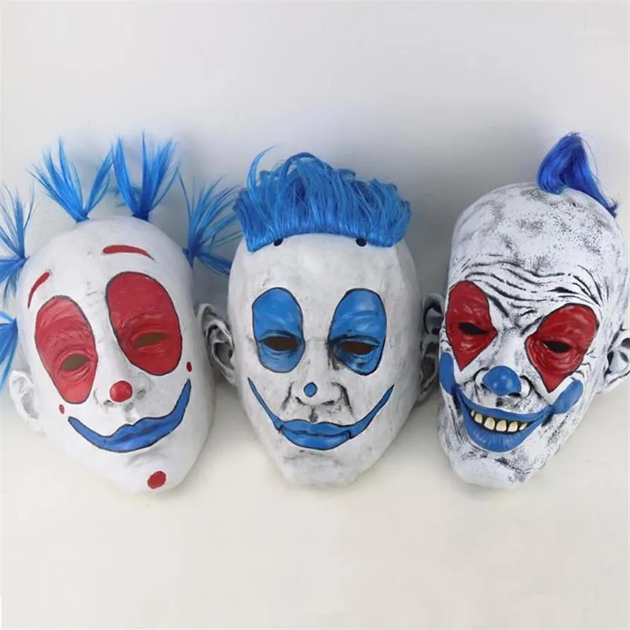 Rolig clown halloween mask halloween punk clown röda ögon latex mask blå wig cirkus dans party makeup party cosplay props1256e