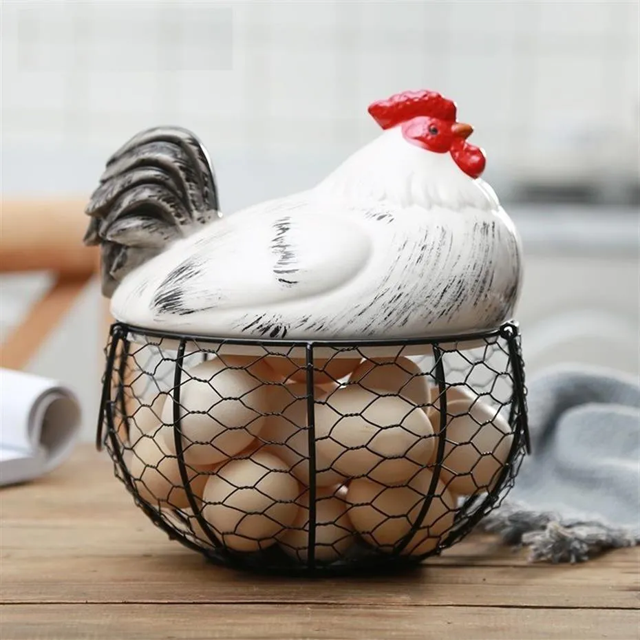Ceramic Egg Holder Chicken Wire Egg Basket Fruit Basket Collection Ceramic Hen Oraments Decoration Kitchen Storage 19CMX22CM T2006280l