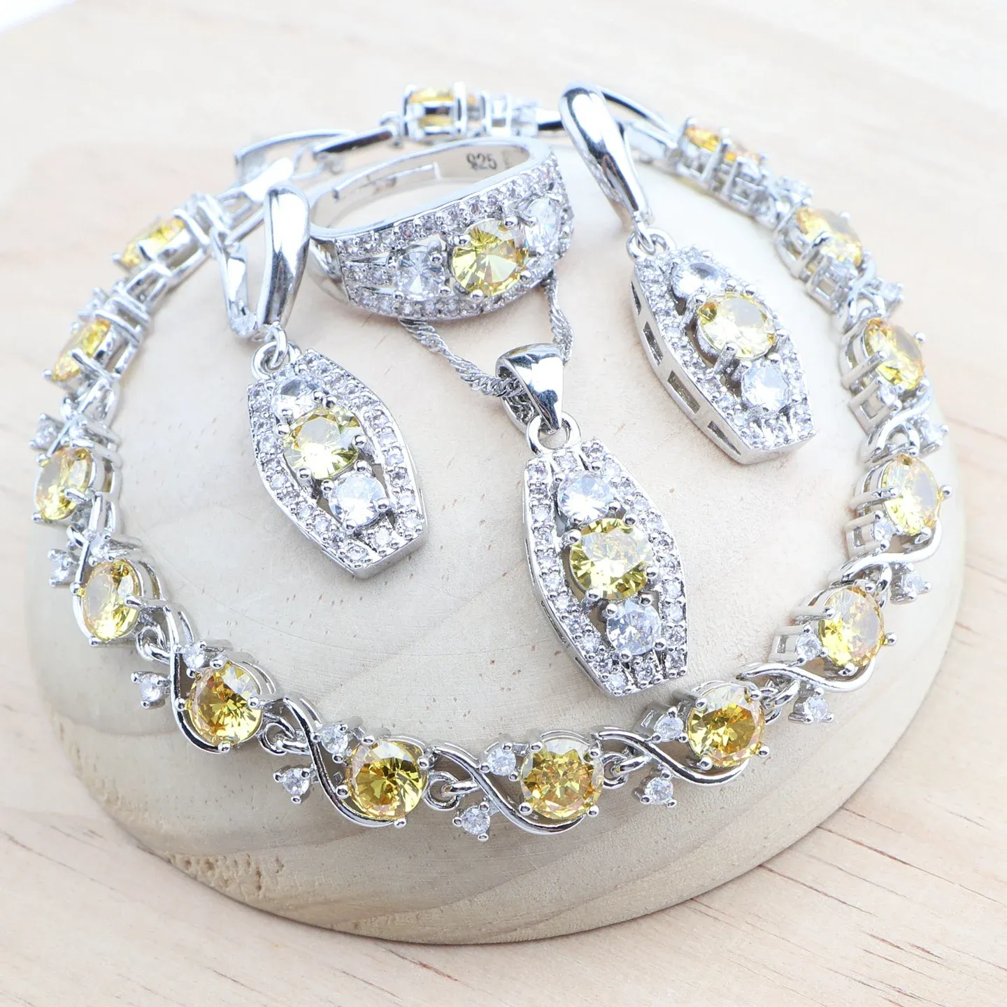 Necklace Silver 925 Yellow Zircon Bridal Jewelry Sets For Women Wedding Stones Bracelets Earrings Rings Pendant Necklace Set