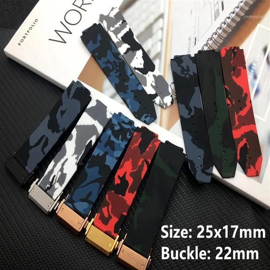 Varumärkekvalitet 25x17mm Red Blue Black Grey Camo Camoflag Silicone For Belt For Big Bang Strap Watchband Watch Band Logo On1264W