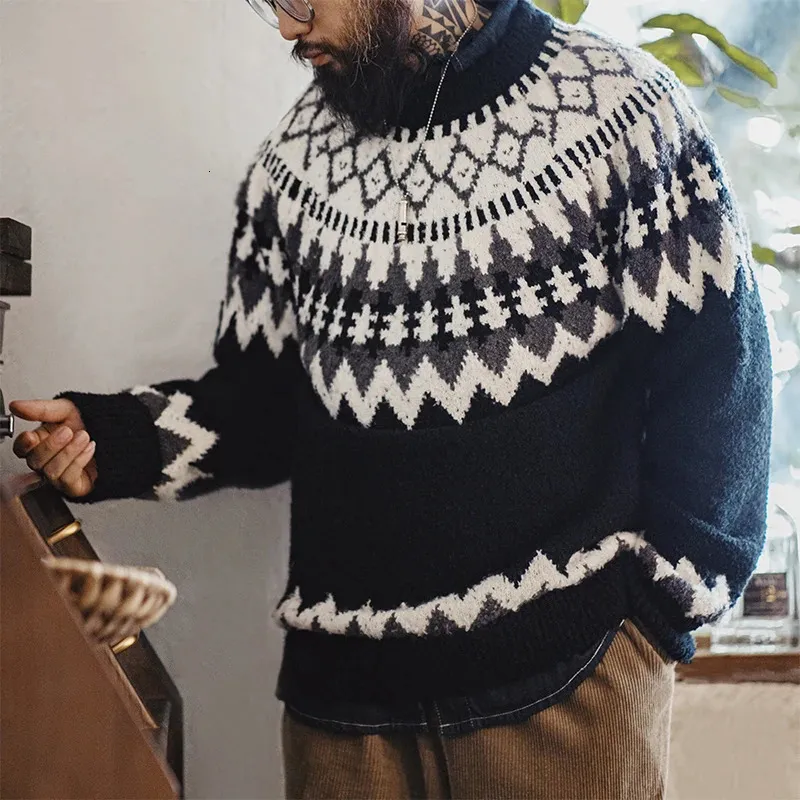 Maden Vintage Ağır İzlanda Sweater Yuvarlak Boyun Fuarı Isle Jacquard Knit Pullover Sonbahar Kış Erkekler Siyah Jumper 240123
