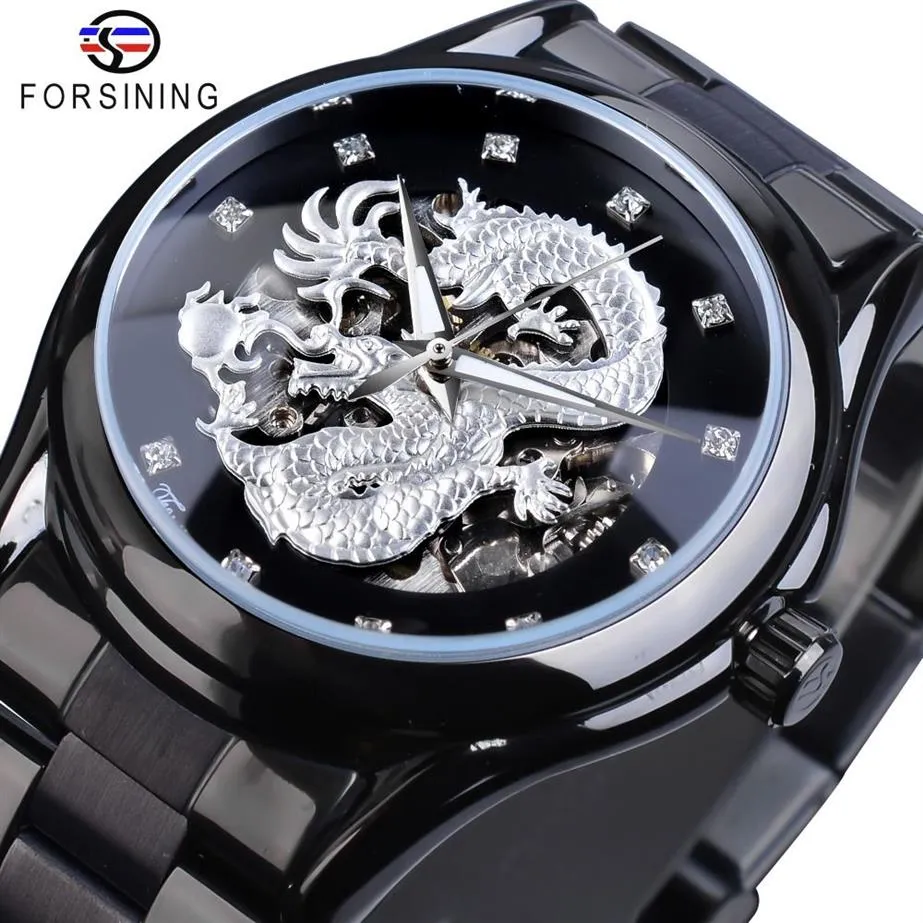 Forsining Silver Dragon Skeleton Automatische Mechanische Horloges Kristal Roestvrij Stalen Band Polshorloge Heren Klok Waterproo3230