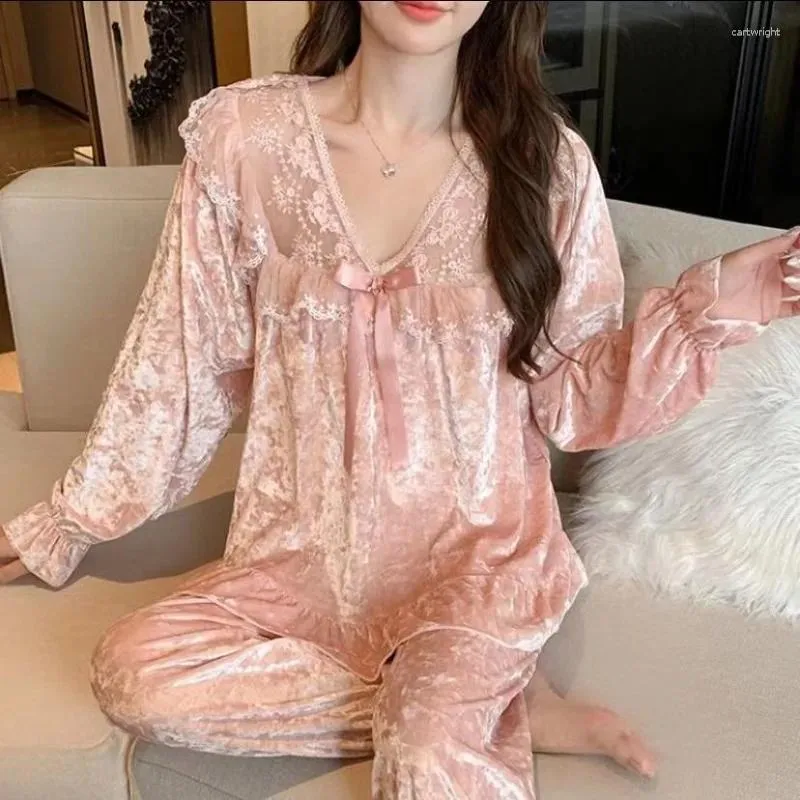 Mulheres sleepwear primavera outono inverno pijamas mulheres princesa mangas compridas doce renda solta plus size loungewear pode usar fora