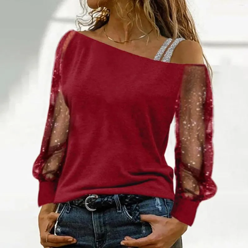 Blusas femininas lantejoulas malha ombro frio blusa topos emenda camisas mangas compridas soltas feminino casual brilhante glitter roupas túnica