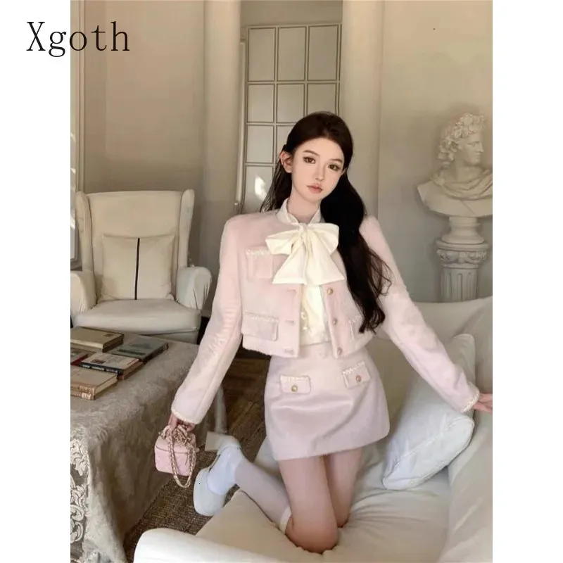 Xgoth Pink Womens Skirt Set Long Sleeve Short Tweed Jacket Tops Small Fragrance Hip Wrap Mini Skirts Girls Threepiece Sets 240124