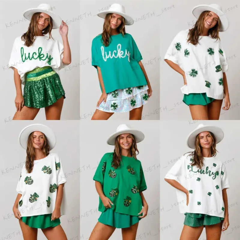 T-shirt Femme 2024 Printemps Trèfles Chapeau Lucky Lettre Impression Top Blanc Vert Manches Courtes T-shirt Lâche Pour Femmes T240129