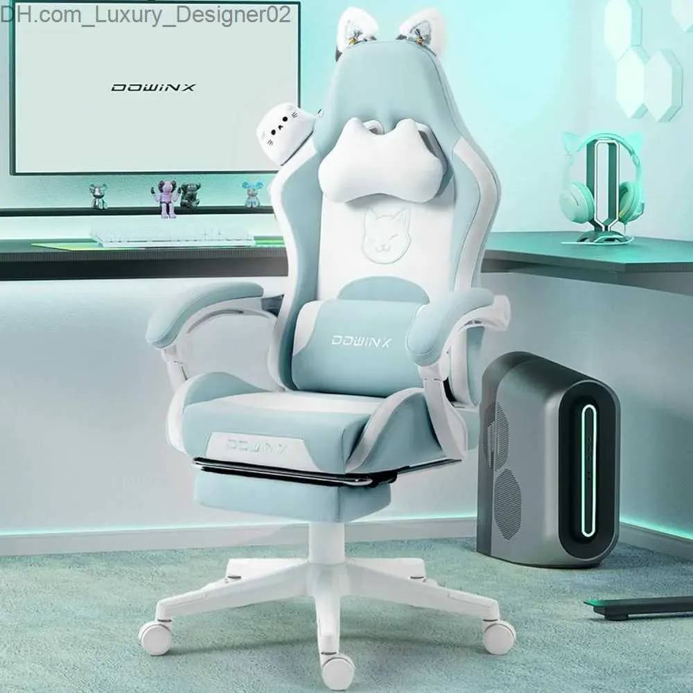 Autres meubles Chaise de jeu mignonne avec oreilles de chat et support lombaire de massage Chaise d'ordinateur ergonomique pour fille avec repose-pieds et appui-tête Q240131