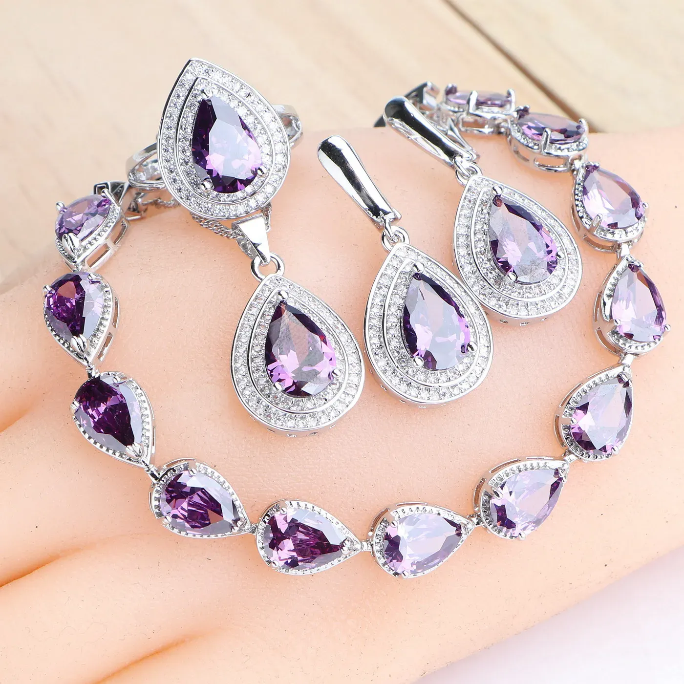 Sets 925 Sterling Silver Jewelry Sets Bridal Purple Zirconia Earrings For Women Stones Rings Pendant Wedding Necklace Bracelets Set