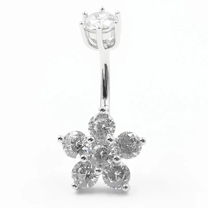 Jewelry 925 sterling silver belly button ring flower CZ Navel piercing Barbell Piercing jewelry For Women