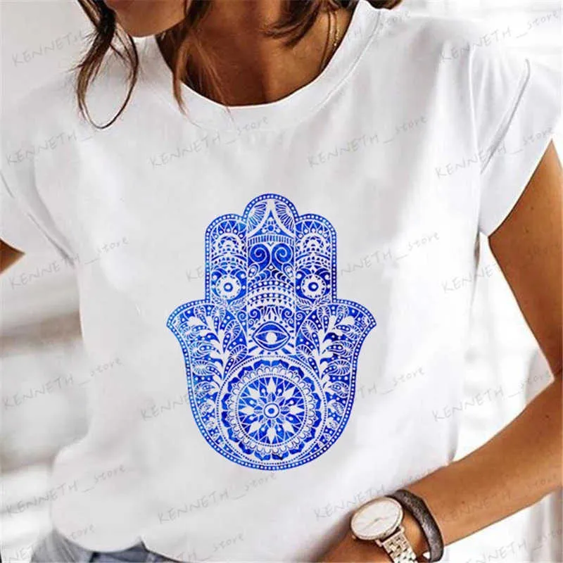 Frauen T-Shirt Sommer Neu 90er Jahre Kurzarm Sommerkleid Hand aus Hamsa Fatima Print O-Neck T-Shirt Top Fashion Damen Funny White T-Shirt.T240129