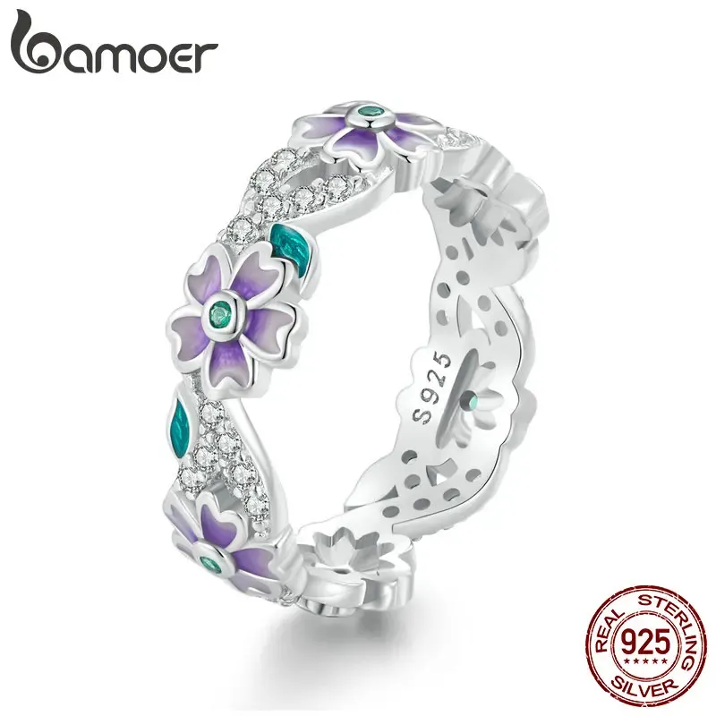 Ringar Bamoer 925 Sterling Silver Purple Wreath Ring Flower Finger Ring Original Design Fina smycken Present till Women Party BSR492