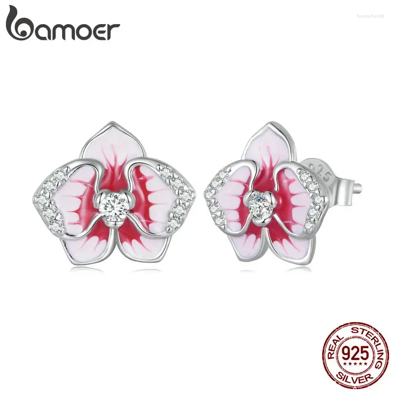 Studörhängen Bamoer 925 Sterling Silver Pink Butterfly Orchid Emamel Phalaenopsis Flower for Women Fine Jewelry