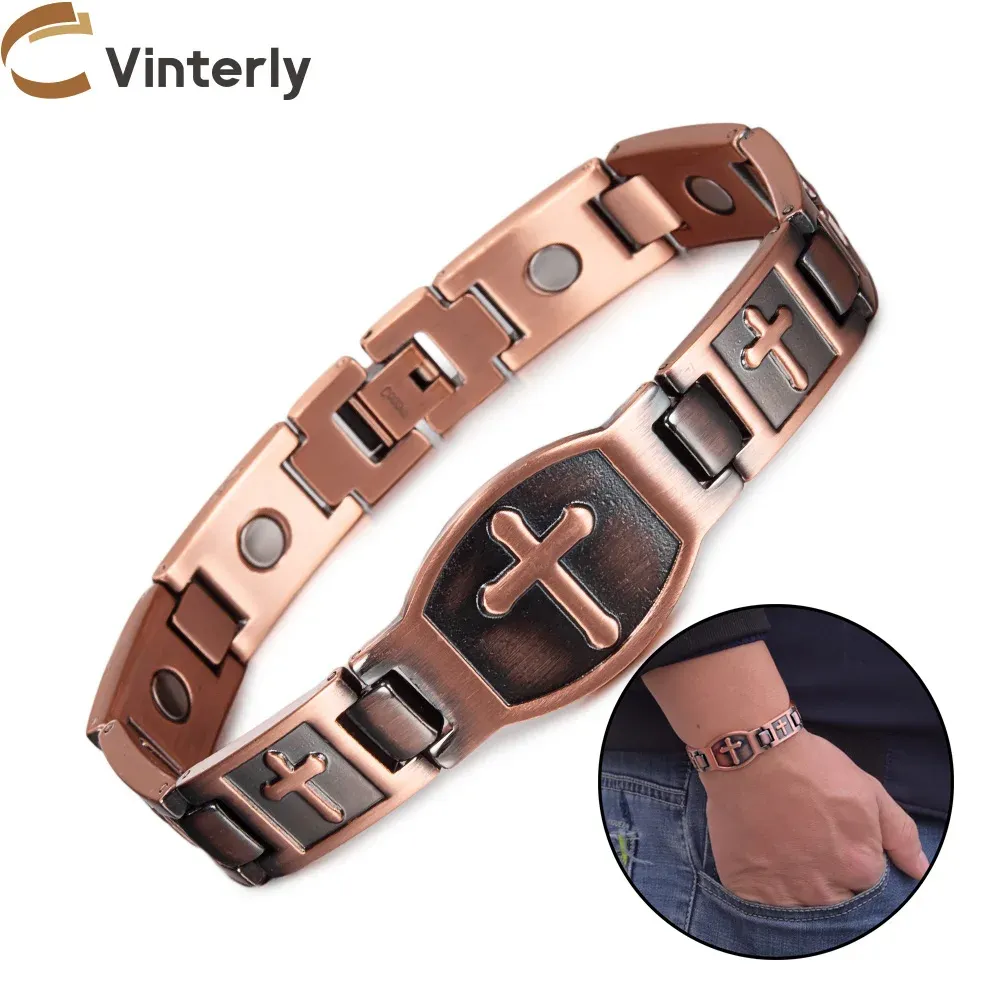 Bracelets Cross Wristband Magnetic Bracelet Men Vintage Pure Copper Magnetic Bracelet Arthritis Health Energy Chain Link Bracelets Male