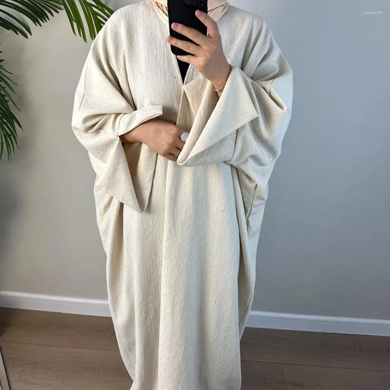 Ethnische Kleidung Dubai Manschette Schlitz Glänzende Abaya EID Ramadan Frauen Plissee Kleidung Kimono Islamische Dicke Strickjacke Plus Größe Bescheidenes Kleid