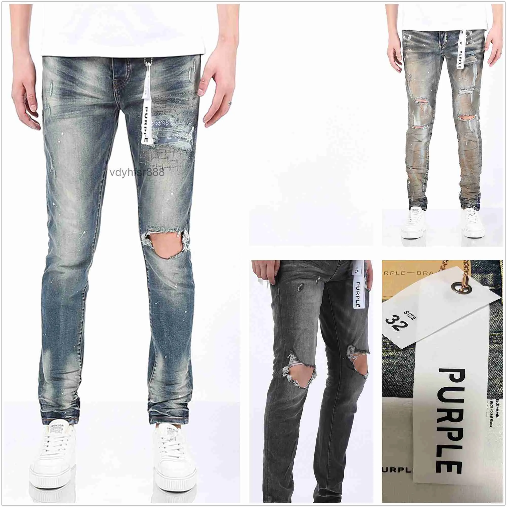 Diseñador de jeans morados para hombre Pantalón de senderismo rasgado Hip Hop High Street Fashion Brand Pantalones Vaqueros Para Hombre Bordado de motocicleta Ajuste ceñido CD0T